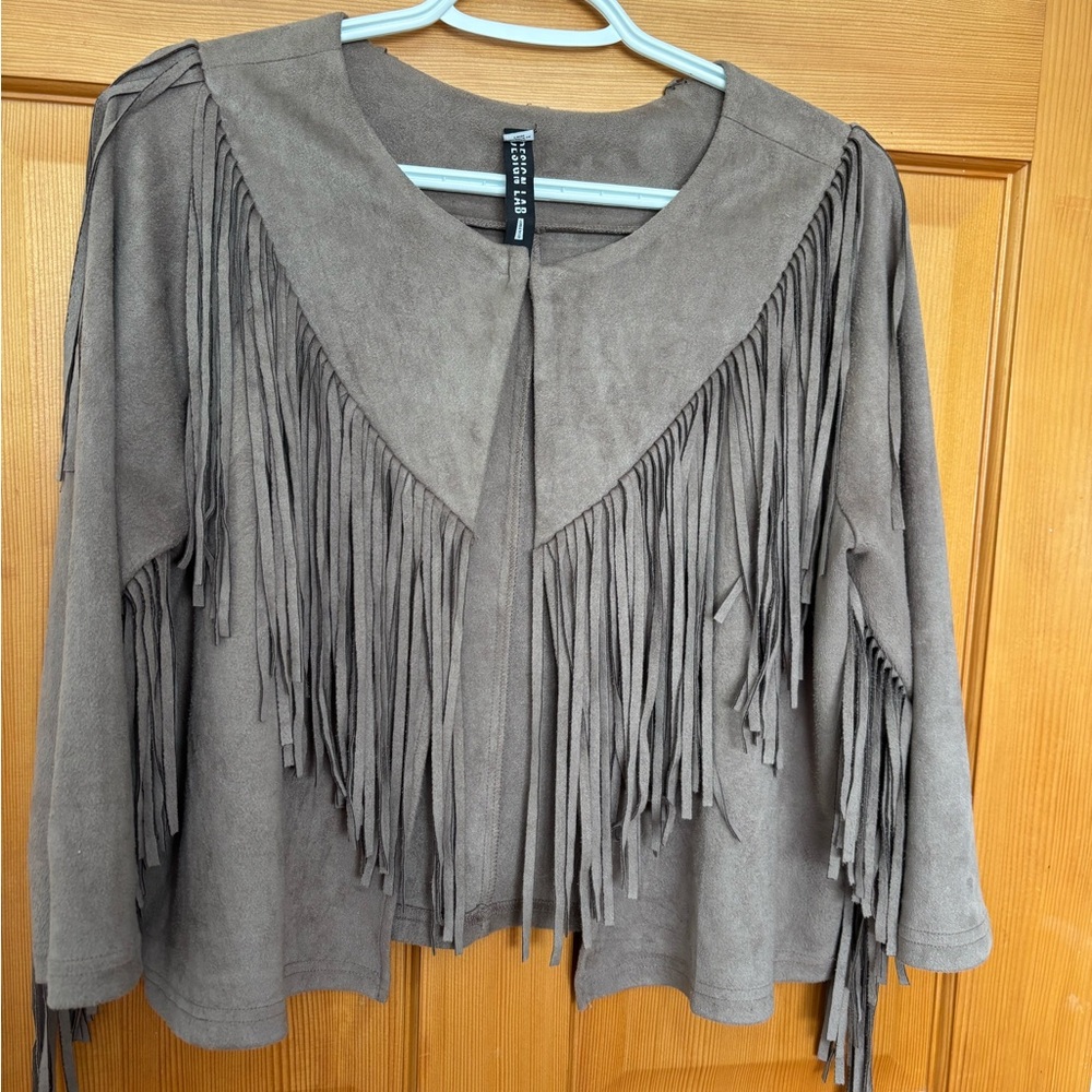 Lord & Taylor Tan Apparel Designer Lab brown fringed crop layering jacket